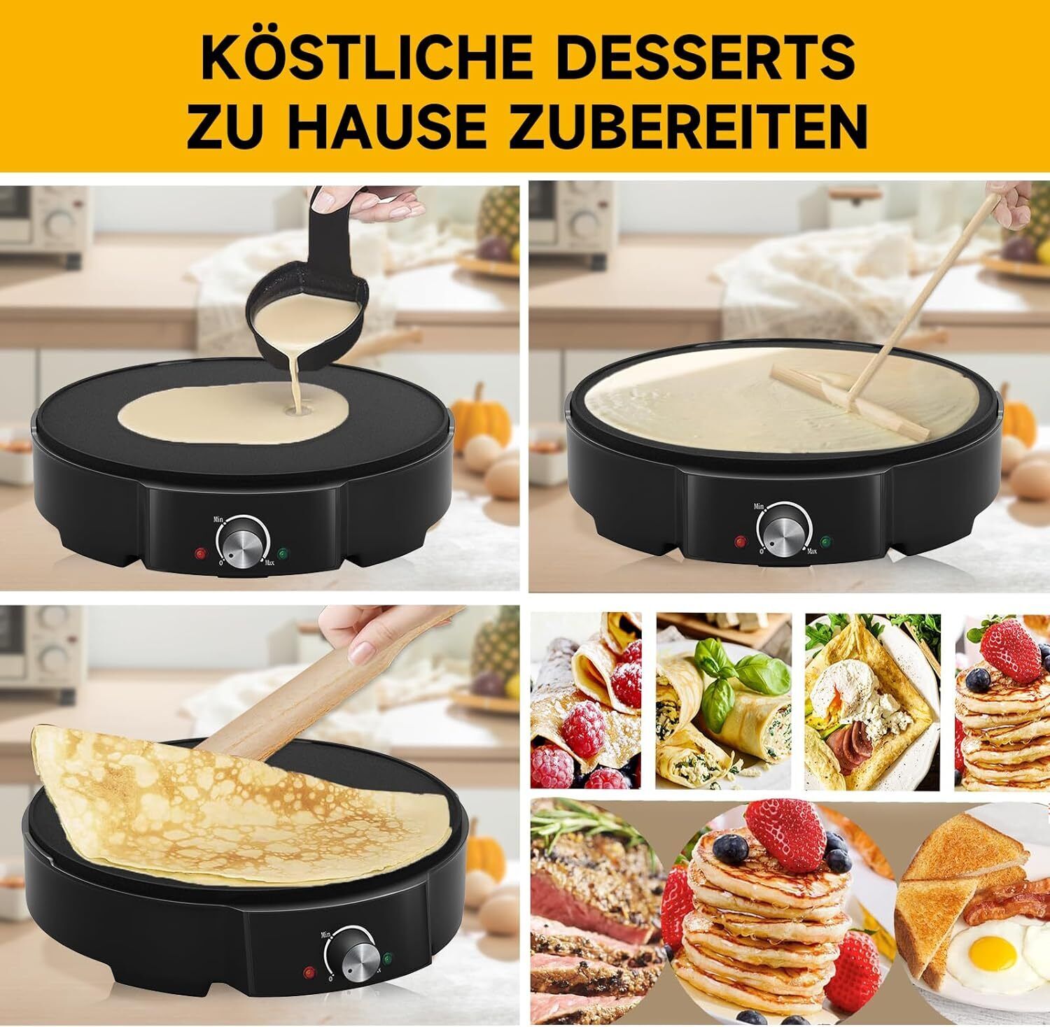 HOMELUX Crêpe Maker 1200W Vielseitig & effizient! Stufenlose Temperaturregelung, Antihaftbeschichtung, praktisches Zubehör, einfache Reinigung