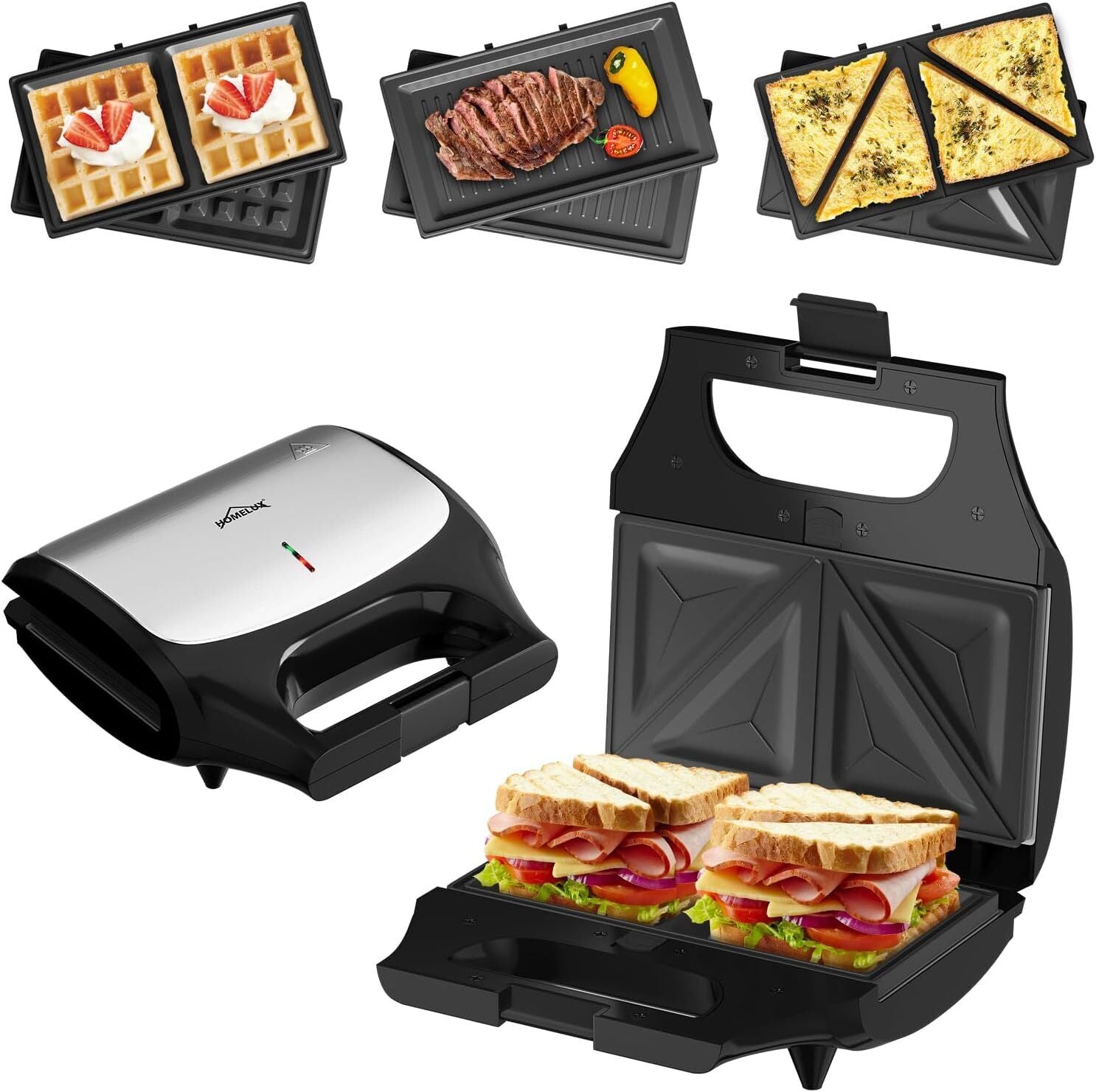 3-in-1 Sandwichtoaster & Waffeleisen von HOMELUX Kontaktgrill & Paninipresse, Antihaftbeschichtung, Leicht zu Reinigen