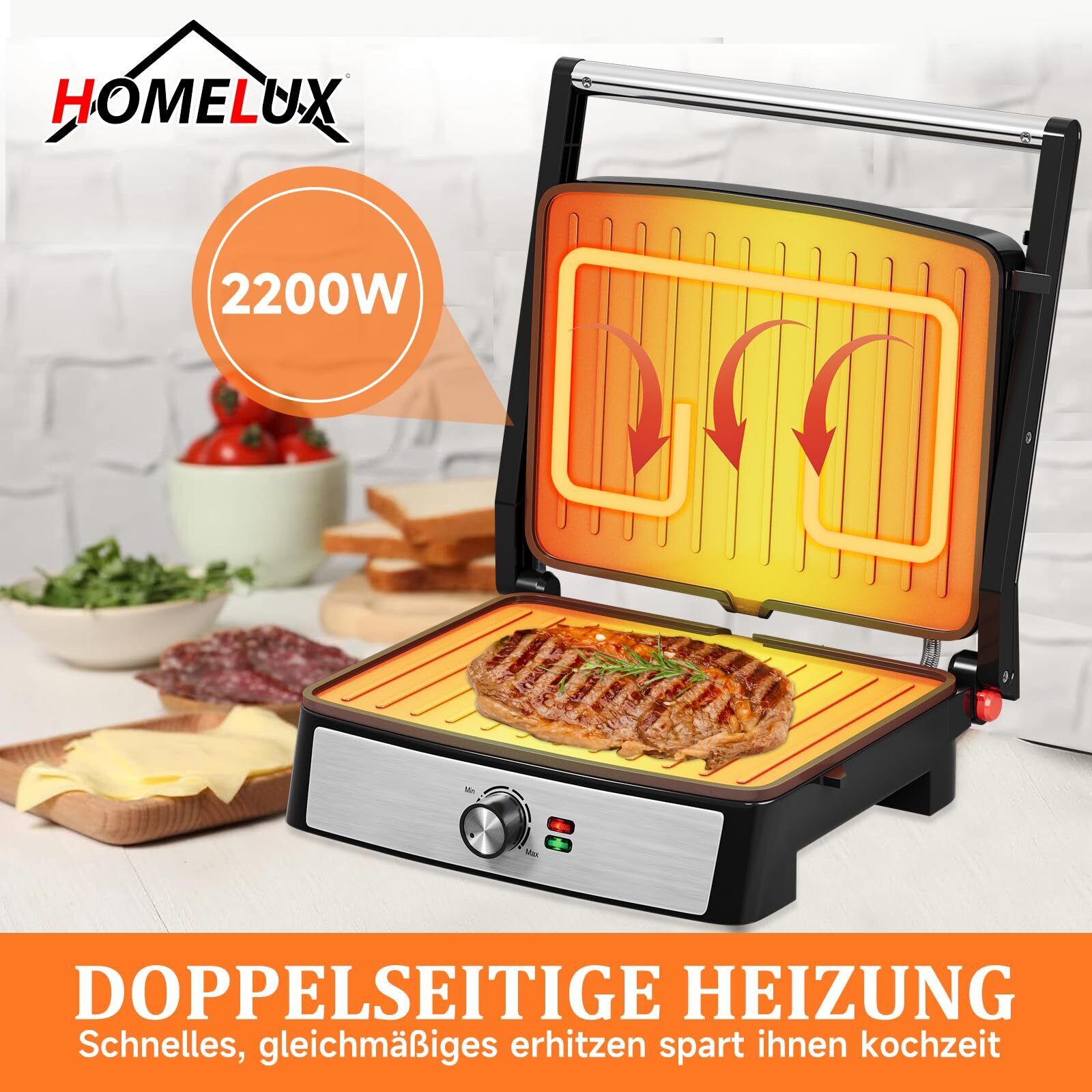 Kontaktgrill Sandwichmaker Panini Grill 2200W Toaster HOMELUX 34x23CM 3-in-1 Multifunktionsgrill für Paninis, Steaks, Sandwiches