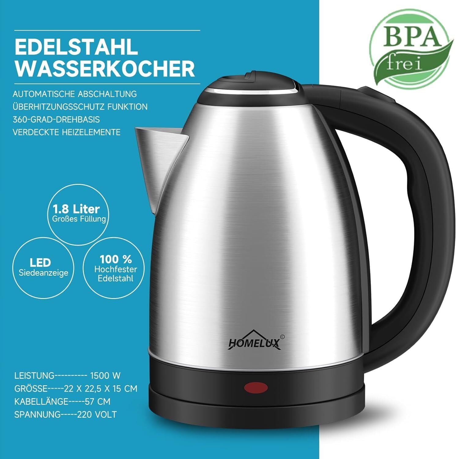 Wasserkocher Edelstahl 1,8L 2200 W Teekocher BPA frei Teekocher Wasserkessel