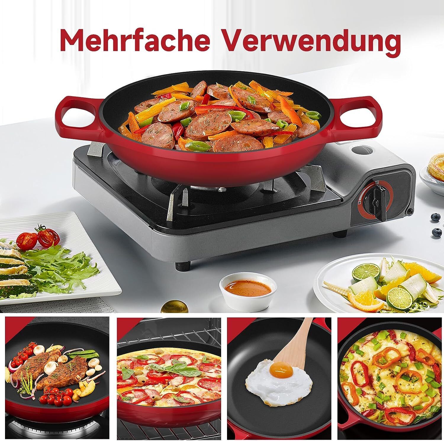 Grillpfanne 20 cm PaellaPfanne Induktion, Servierpfanne aus Aluminiumguss