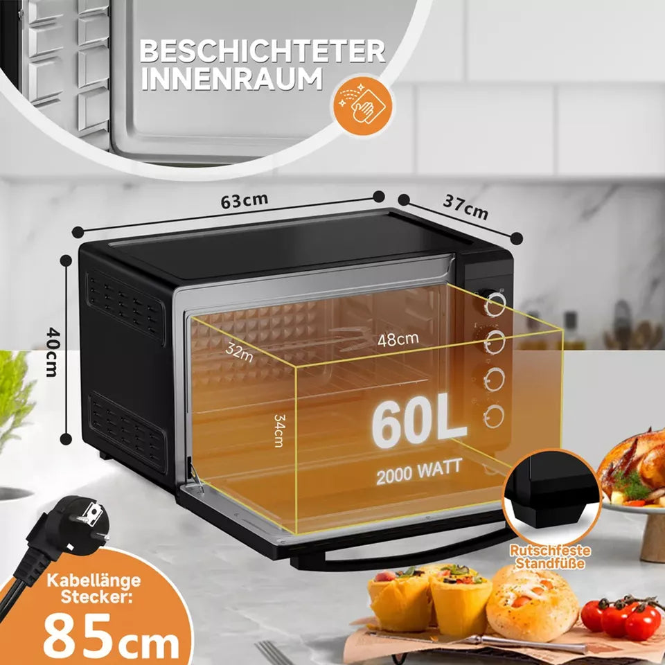 Minibackofen 60L mit Drehspieß Timer Mini Backofen Pizza-Ofen 2000W Mini Ofen