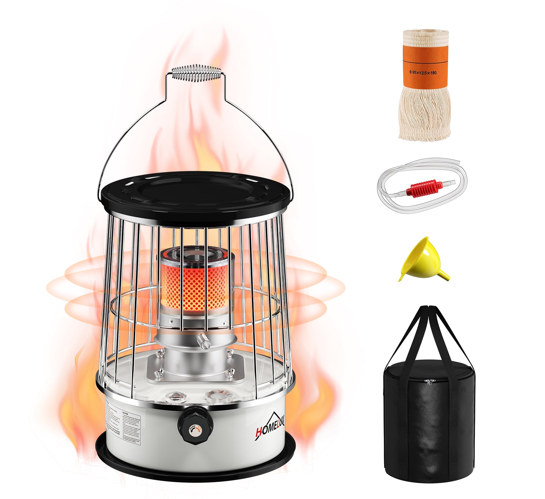 Homelux 6L kerosene heater, 9,000 BTU/h, no electricity, portable, 20㎡ heating area, with clothes bag, tempered glass chimney