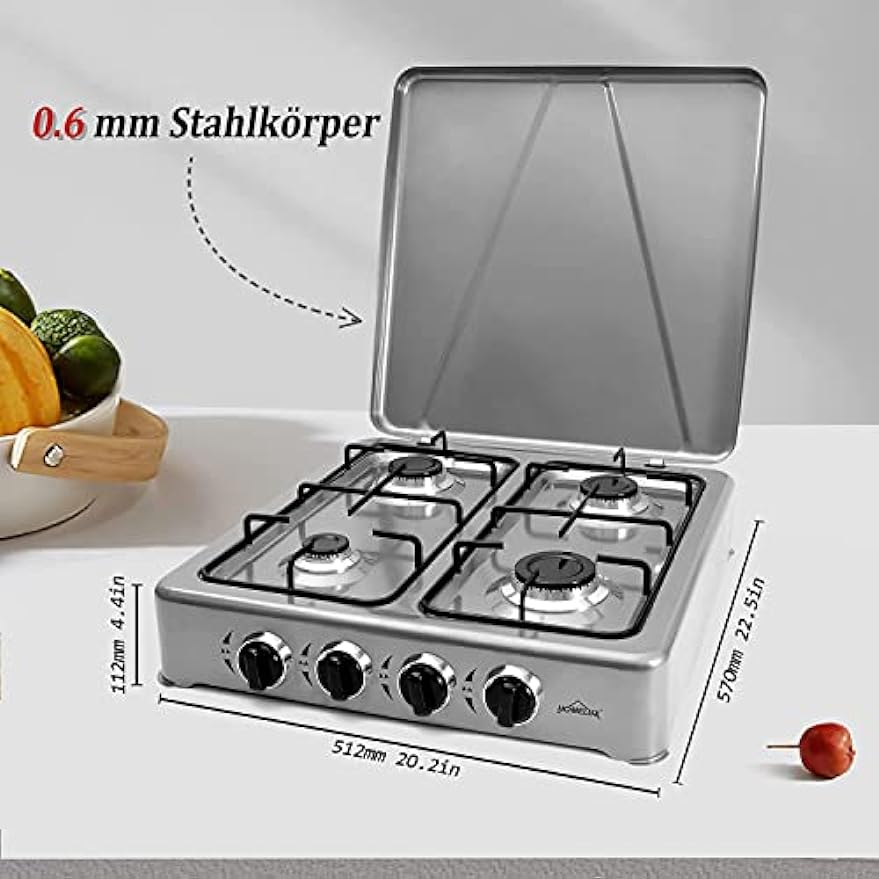 HOMELUX 6.2 KW gas cooker, 4 burner camping cooker hob cooker with lid stove gas outdoor