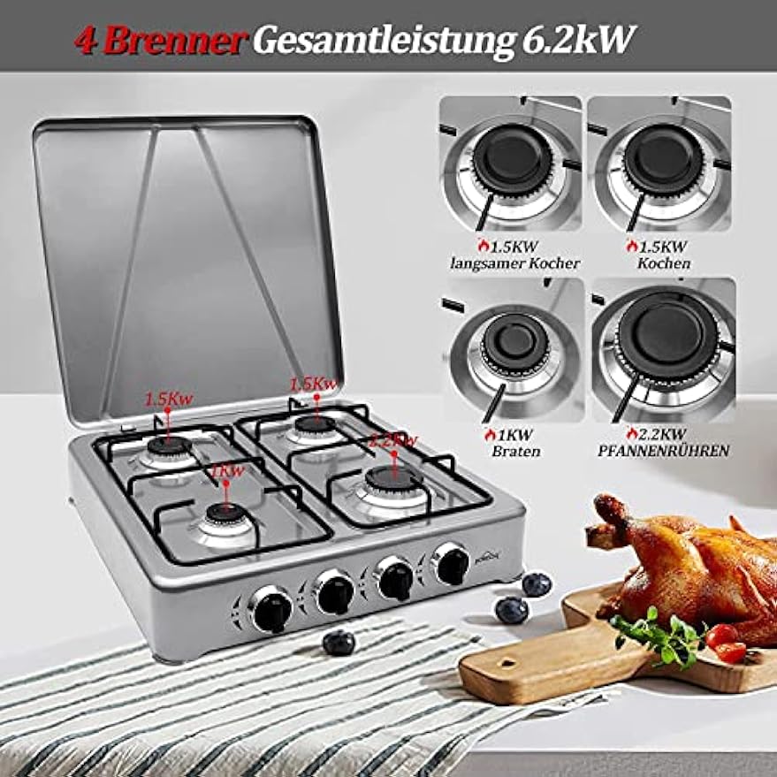 HOMELUX 6,2 KW Gaskocher,4 flammig Campingkocher Kochfeld Kocher mit Deckel Herd Gas Outdoor