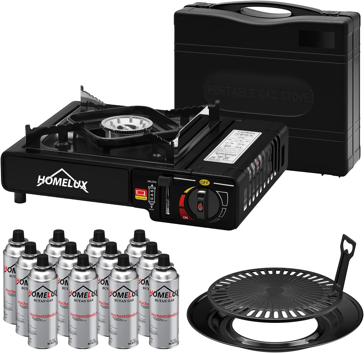 Camping gas cooker set 2.2 KW, with gas cartridge, including storage box. Ideal for outdoor cooking