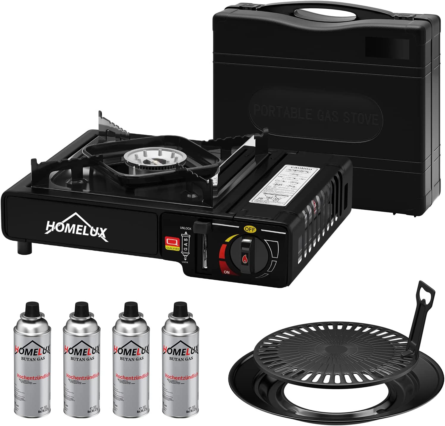 Camping gas cooker set 2.2 KW, with gas cartridge, including storage box. Ideal for outdoor cooking