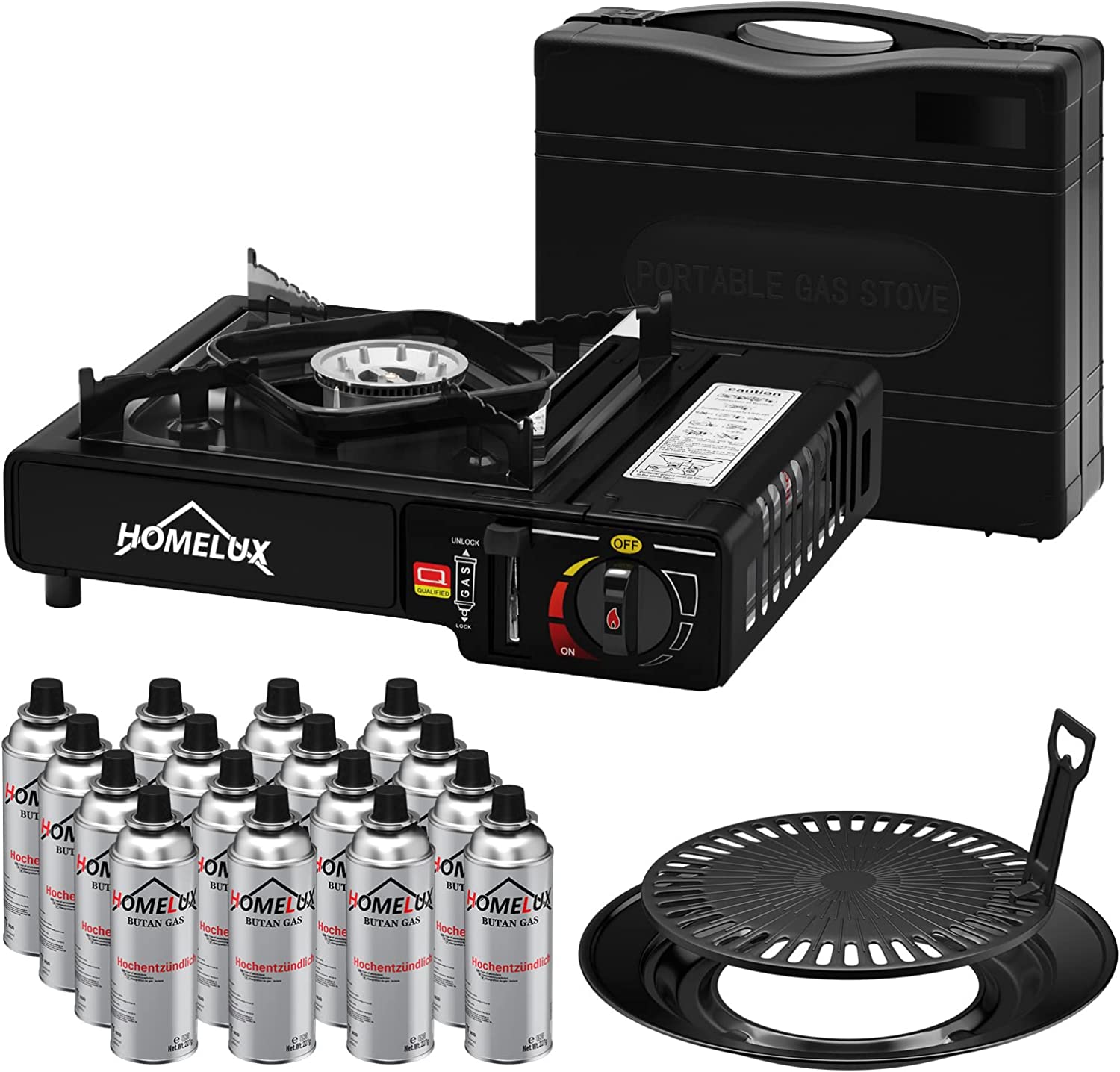 Camping gas cooker set 2.2 KW, with gas cartridge, including storage box. Ideal for outdoor cooking