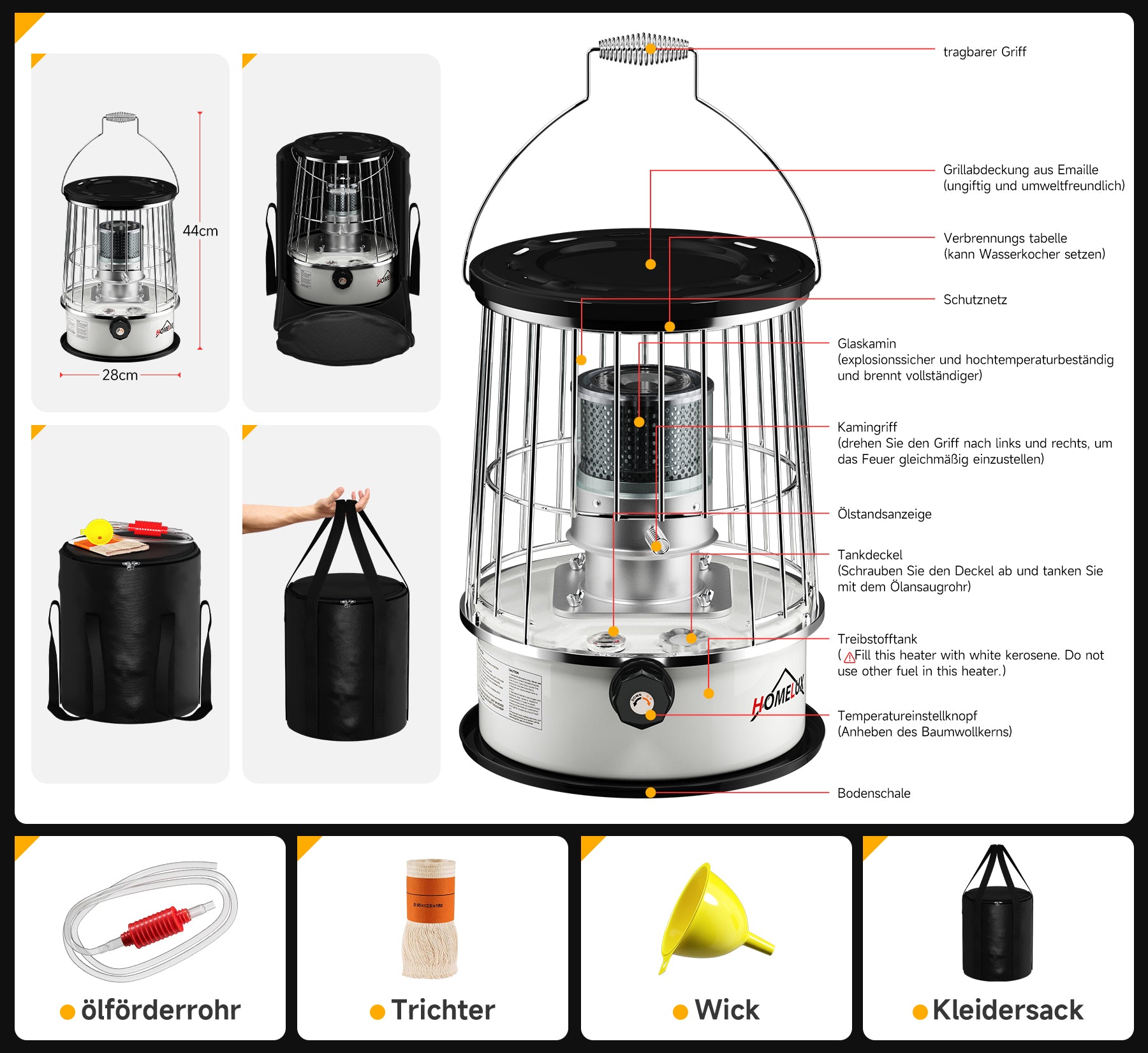 Homelux 6L kerosene heater, 9,000 BTU/h, no electricity, portable, 20㎡ heating area, with clothes bag, tempered glass chimney