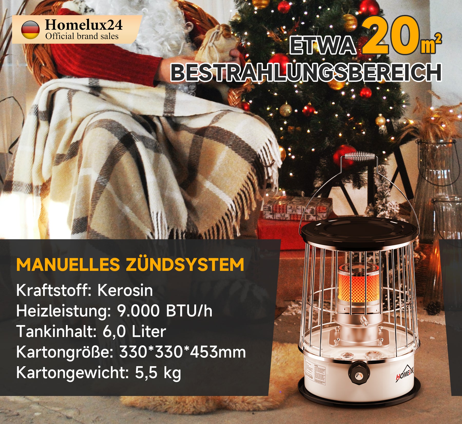 Homelux 6L kerosene heater, 9,000 BTU/h, no electricity, portable, 20㎡ heating area, with clothes bag, tempered glass chimney