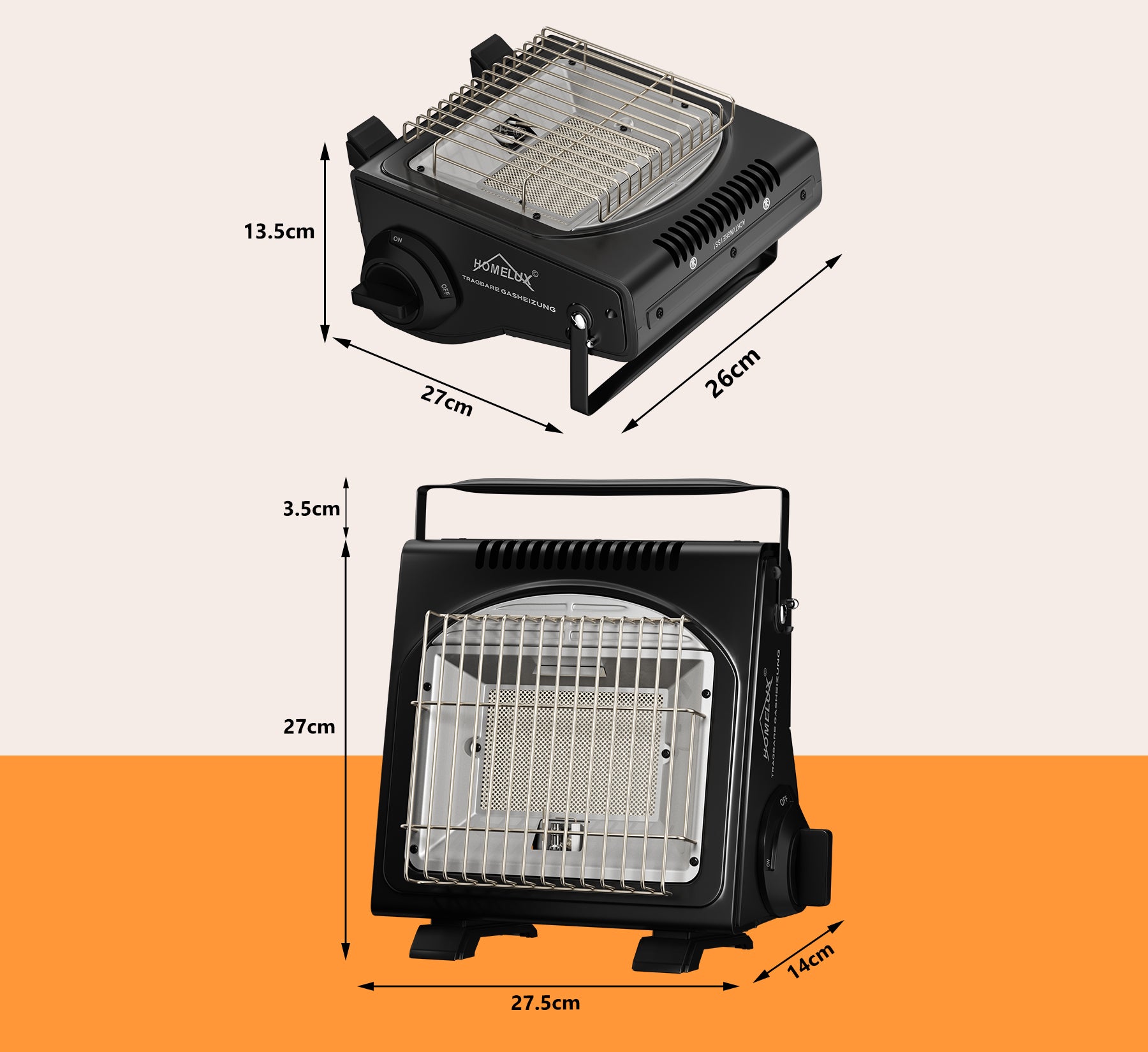 HOMELUX 1,7KW Gasheizung für innenräumeOutdoor, Gasheizer, Gasheizung Camping, Heizung Ohne Strom, Gasheizstrahler, Campingheizer