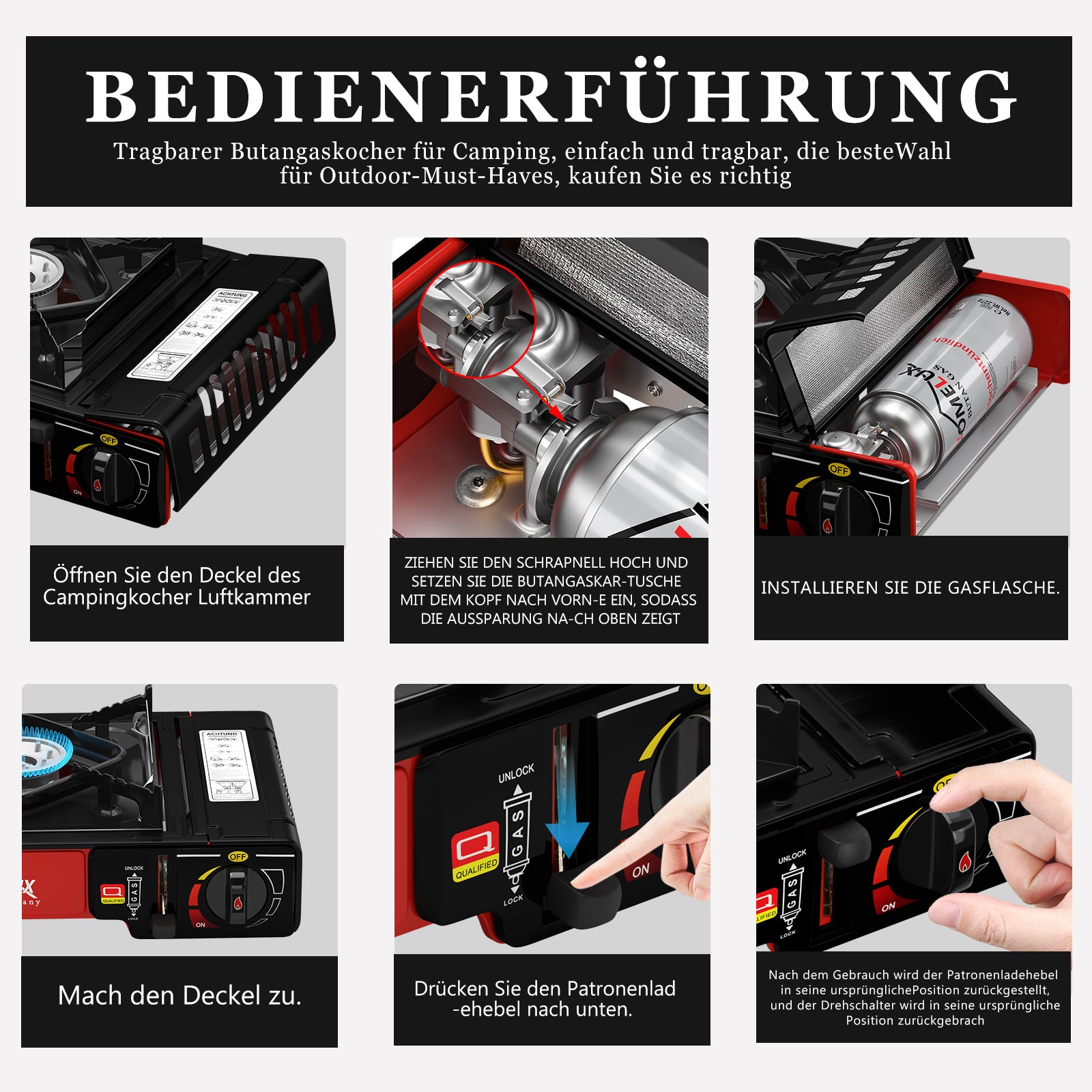 Gas-Campingkocher mit 2,2 kW Leistung Set 227g Gaskartusche für Camping Outdoor-Herdschalter